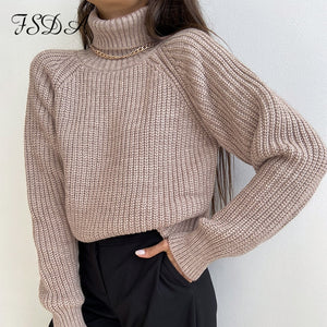 FSDA Turtleneck Women Sweater Women Khaki Long Sleeve Pullover 2020 Autumn Winter Casual Pink Jumper Loose Sweaters Oversized