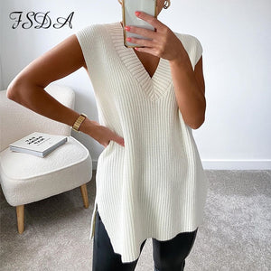 FSDA Women V Neck Sleeveless Sweater Vest Knitted 2020 Jumper Autumn Winter Split White Korean Preppy Pullover Loose Top Casual