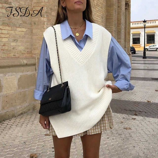 FSDA Women V Neck Sleeveless Sweater Vest Knitted 2020 Jumper Autumn Winter Split White Korean Preppy Pullover Loose Top Casual