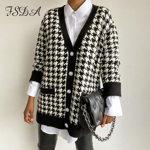 FSDA V Neck Women Button Black Houndstooth Cardigan 2020 Long Sleeve Sweater Autumn Winter Knitted Loose Oversized Jumper Casual