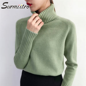 SURMIITRO Cashmere Knitted Sweater Women 2020 Autumn Winter Korean Turtleneck Long Sleeve Pullover Female Jumper Green Knitwear